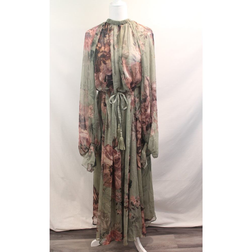 ASOS High Neck Maxi Dress Womens size 10 Green Floral Open Back Slit and Hem